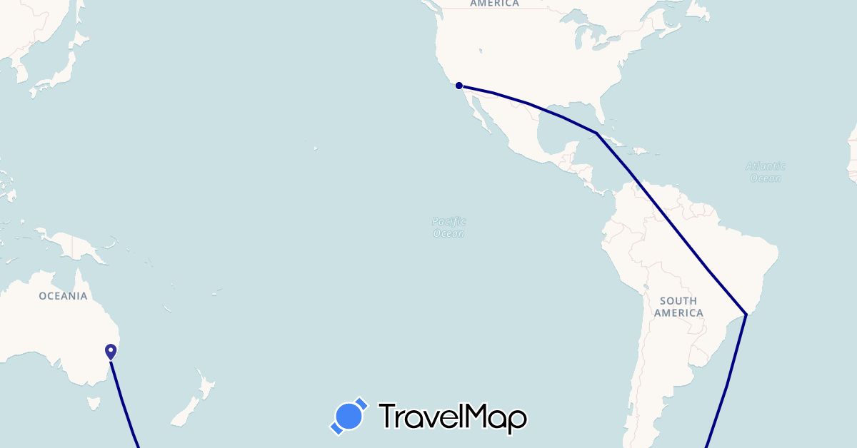 TravelMap itinerary: driving in Australia, Brazil, Cuba, United States (North America, Oceania, South America)